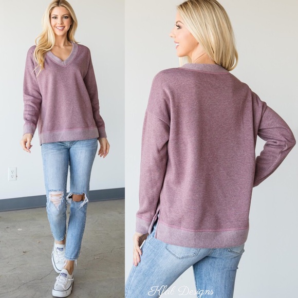 ❤️LAST 2! V Neck Two Tone Fleece Sweater Top with Side Slits! - Picture 4 of 8
